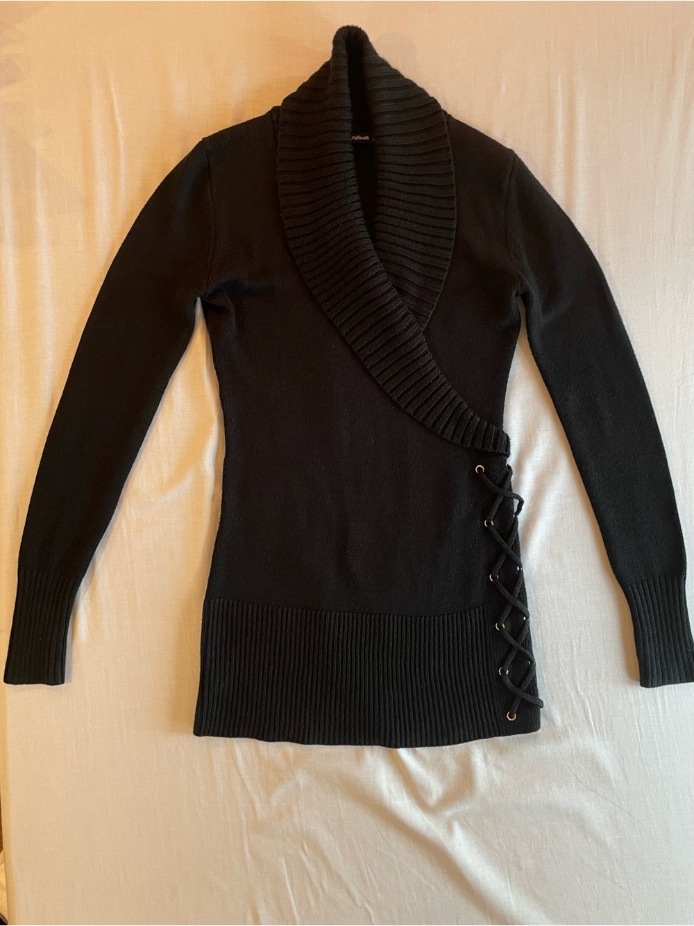 PattyBoutik Black V-Neck Shawl Collar Lace-Up Knit Sweater
